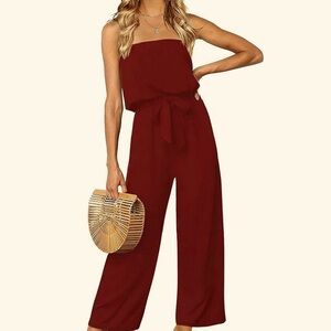 Chic deep red Women's strapless Jumpsuit